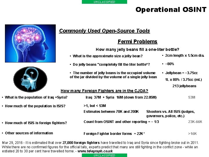 UNCLASSIFIED Operational OSINT Commonly Used Open-Source Tools Fermi Problems How many jelly beans fill