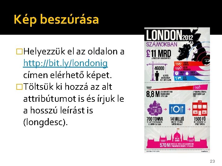 Kép beszúrása �Helyezzük el az oldalon a http: //bit. ly/londonig címen elérhető képet. �Töltsük