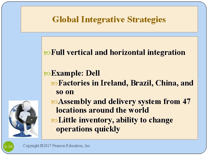 Global Integrative Strategies Full vertical and horizontal integration Example: Dell Factories in Ireland, Brazil,