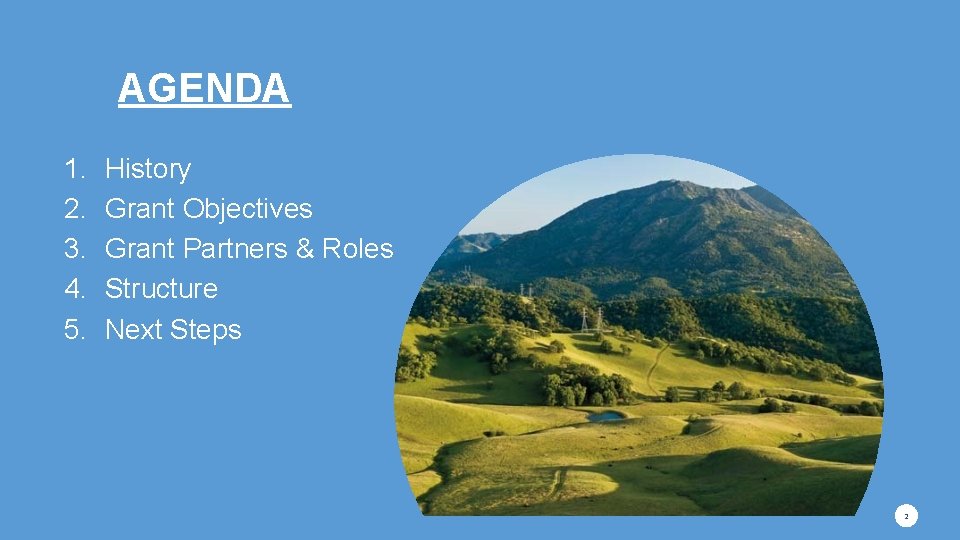 AGENDA 1. 2. 3. 4. 5. History Grant Objectives Grant Partners & Roles Structure