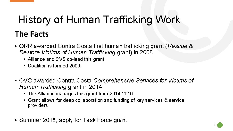 History of Human Trafficking Work The Facts • ORR awarded Contra Costa first human