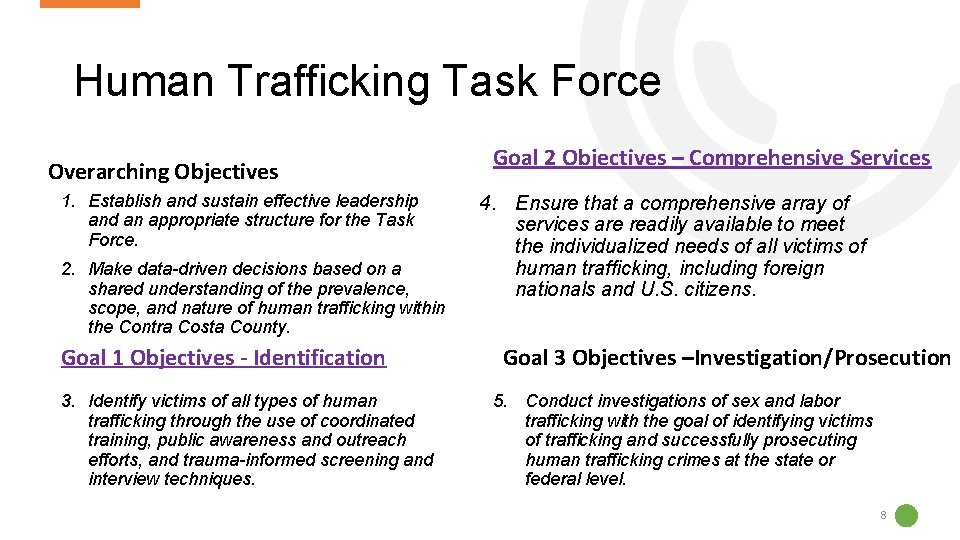 Human Trafficking Task Force Overarching Objectives 1. Establish and sustain effective leadership and an