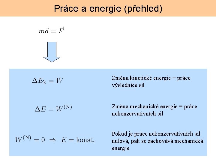 Práce a energie (přehled) Změna kinetické energie = práce výslednice sil Změna mechanické energie