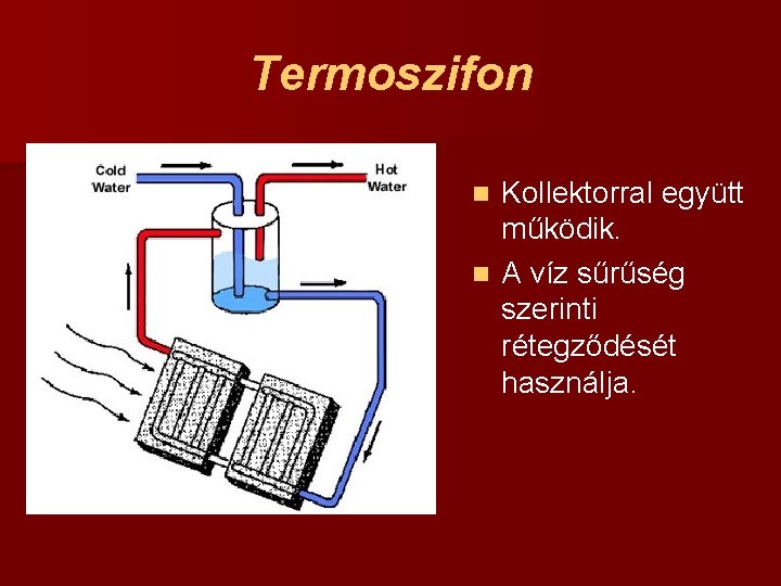 Termoszifon Kollektorral együtt működik. n A víz sűrűség szerinti rétegződését használja. n 