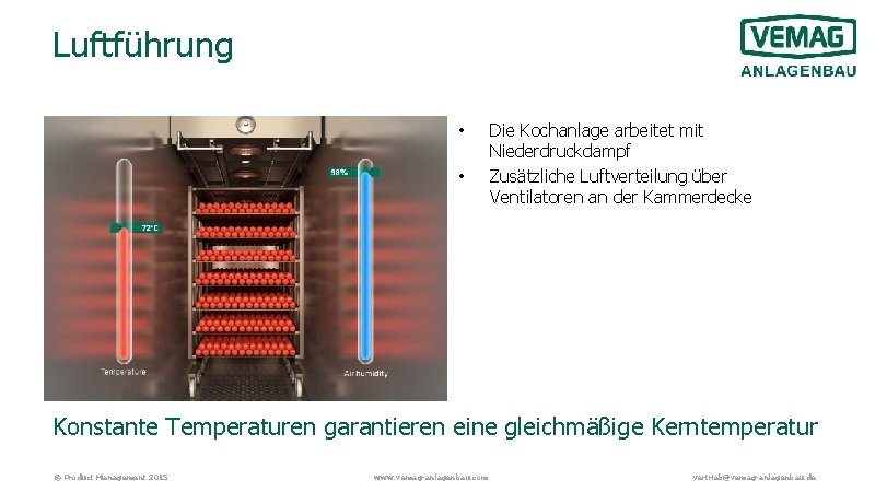 Luftführung • • Die Kochanlage arbeitet mit Niederdruckdampf Zusätzliche Luftverteilung über Ventilatoren an der