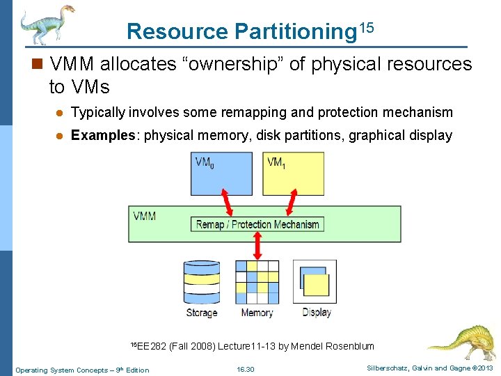 Resource Partitioning 15 n VMM allocates “ownership” of physical resources to VMs l Typically