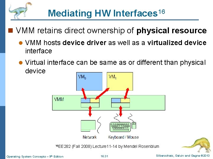 Mediating HW Interfaces 16 n VMM retains direct ownership of physical resource l VMM