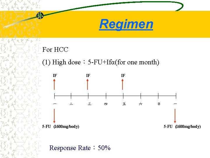 Regimen For HCC (1) High dose： 5 -FU+Ifα(for one month) IF 一 IF 二