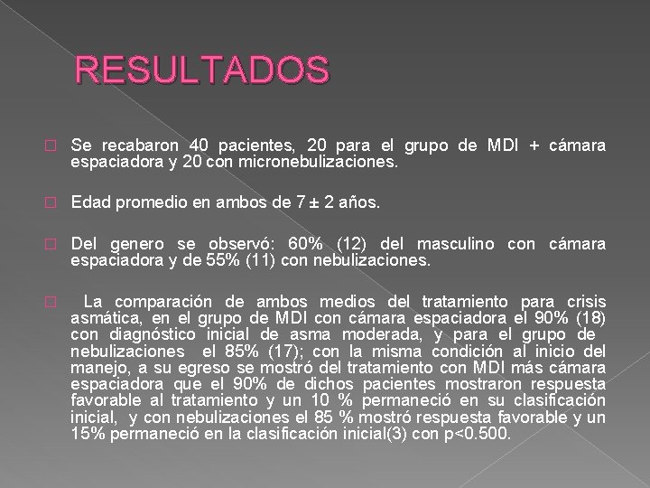 RESULTADOS � Se recabaron 40 pacientes, 20 para el grupo de MDI + cámara