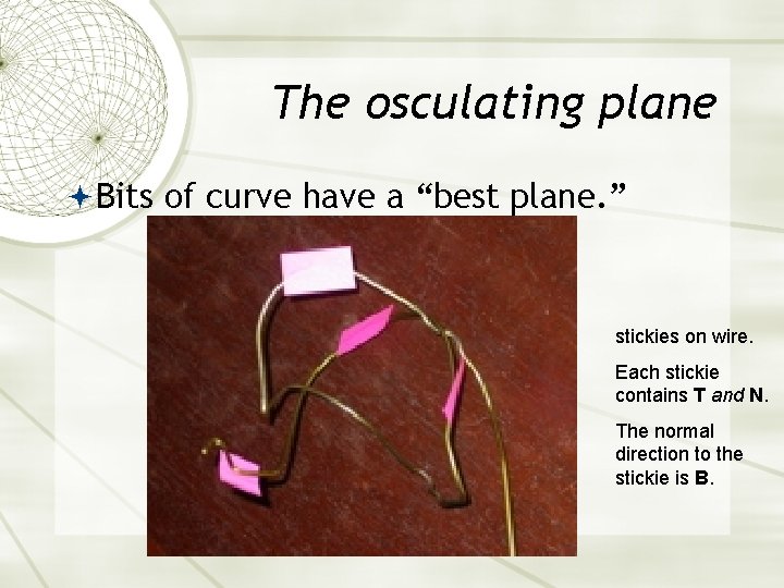 The osculating plane Bits of curve have a “best plane. ” stickies on wire. The osculating plane Bits of curve have a “best plane. ” stickies on wire.