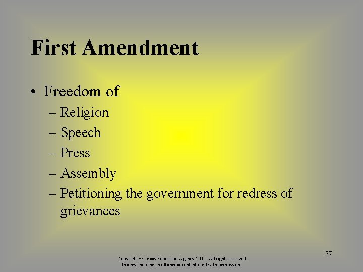 First Amendment • Freedom of – Religion – Speech – Press – Assembly –