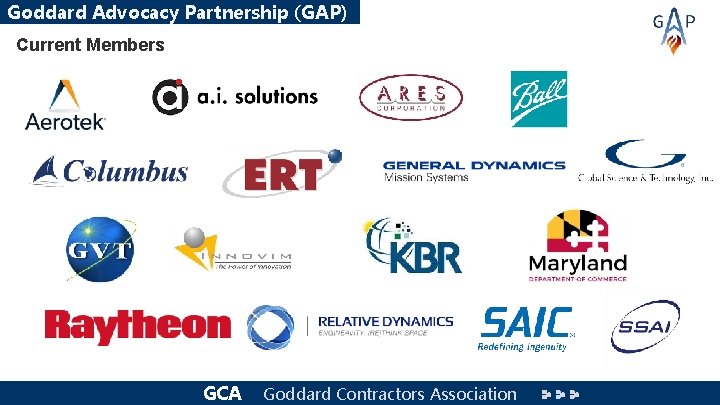 Goddard Advocacy Partnership (GAP) Current Members GCA Goddard Contractors Association 