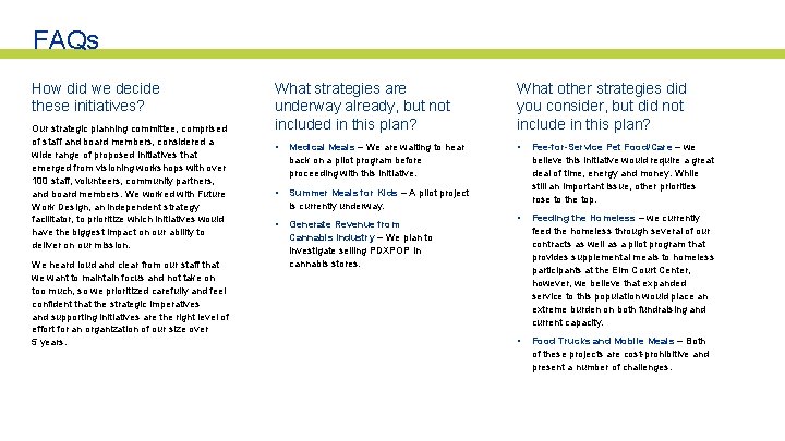FAQs How did we decide these initiatives? Our strategic planning committee, comprised of staff