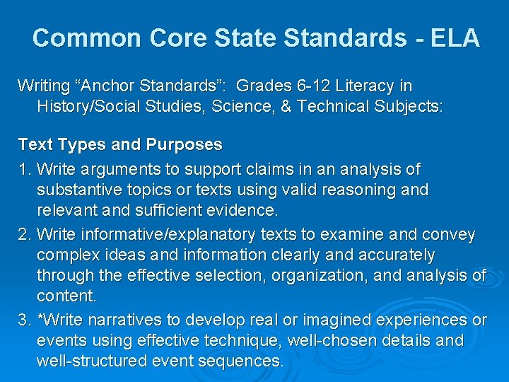 Common Core State Standards - ELA Writing “Anchor Standards”: Grades 6 -12 Literacy in