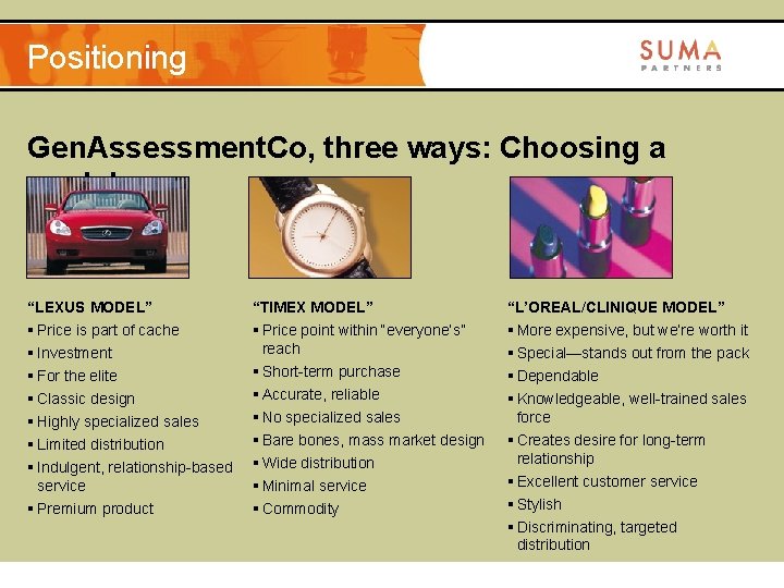 Positioning Gen. Assessment. Co, three ways: Choosing a model “LEXUS MODEL” “TIMEX MODEL” “L’OREAL/CLINIQUE