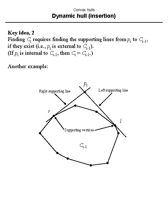 Convex hulls Dynamic hull (insertion) Key idea, 2 Finding Ci requires finding the supporting