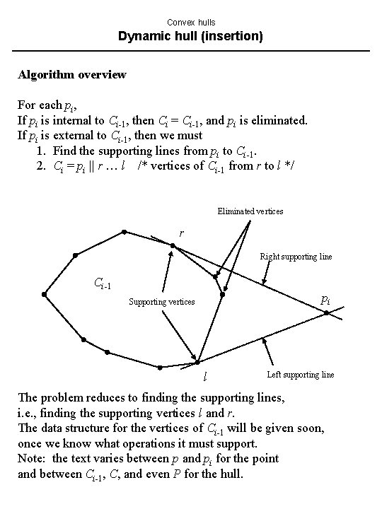 Convex hulls Dynamic hull (insertion) Algorithm overview For each pi, If pi is internal