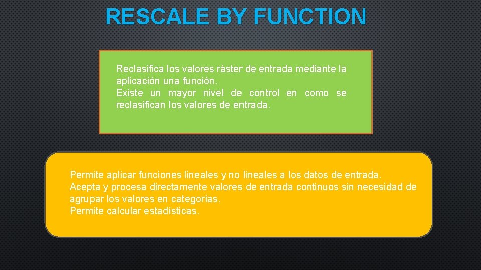 RESCALE BY FUNCTION Reclasifica los valores ráster de entrada mediante la aplicación una función.