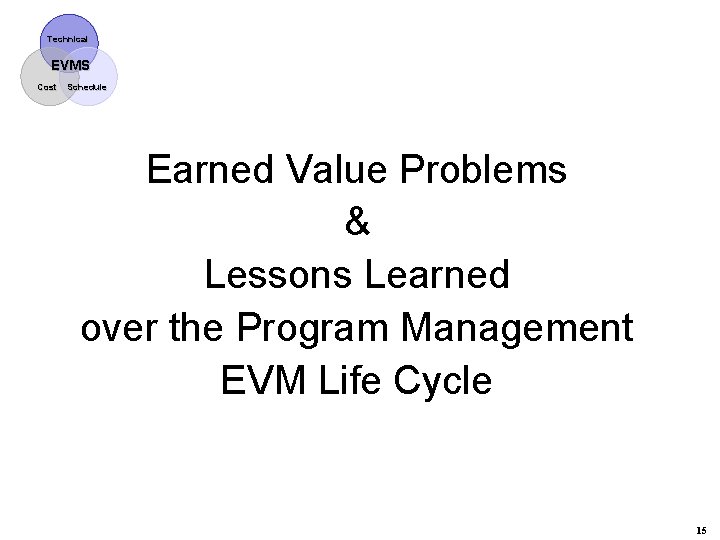 Technical EVMS Cost Schedule Earned Value Problems & Lessons Learned over the Program Management