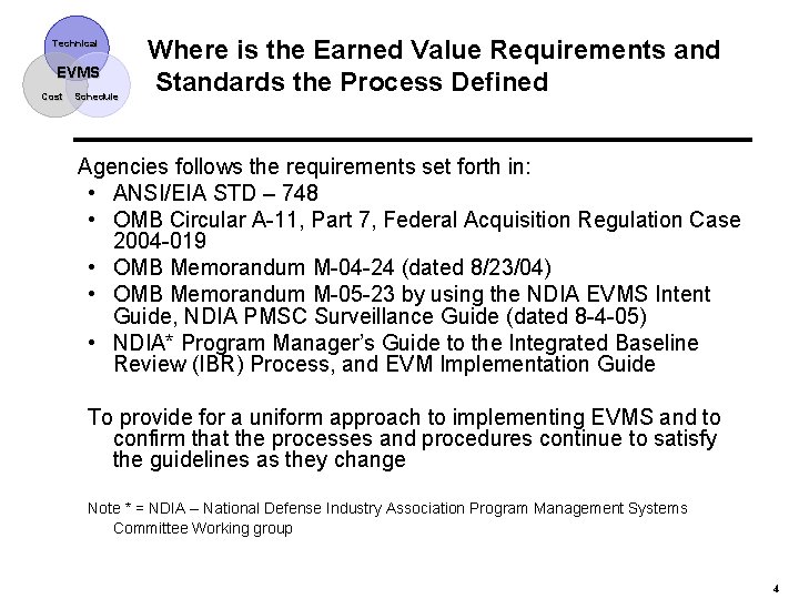 Technical EVMS Cost Schedule Where is the Earned Value Requirements and Standards the Process