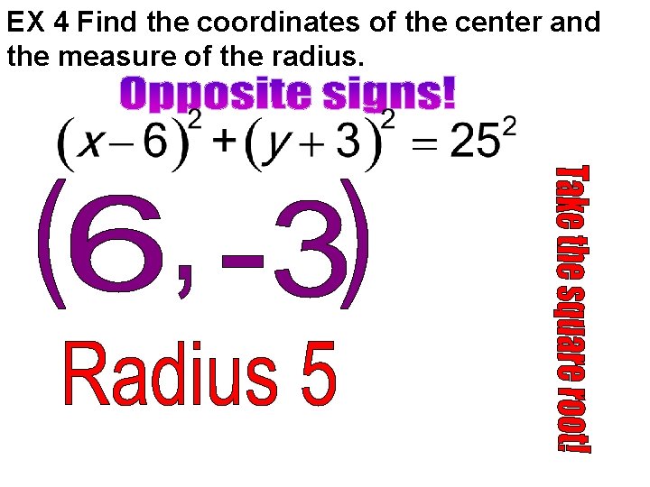 EX 4 Find the coordinates of the center and the measure of the radius.
