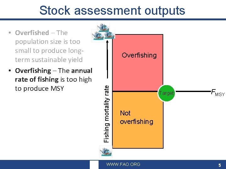 Stock assessment outputs Overfishing Fishing mortality rate • Overfished – The population size is