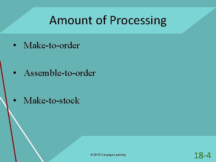 Amount of Processing • Make-to-order • Assemble-to-order • Make-to-stock © 2015 Cengage Learning 18