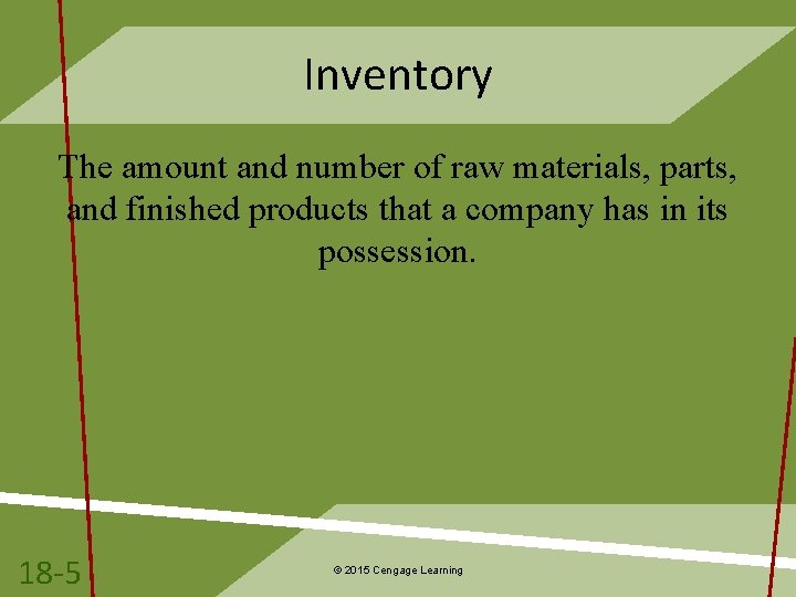 Inventory The amount and number of raw materials, parts, and finished products that a