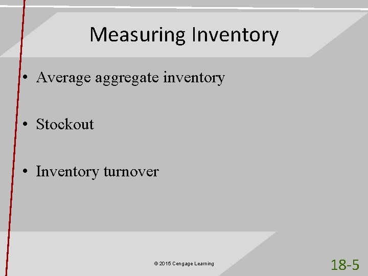 Measuring Inventory • Average aggregate inventory • Stockout • Inventory turnover © 2015 Cengage