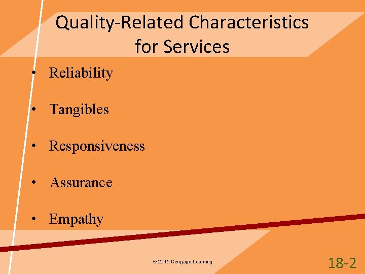 Quality-Related Characteristics for Services • Reliability • Tangibles • Responsiveness • Assurance • Empathy