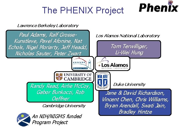 The PHENIX Project Lawrence Berkeley Laboratory Paul Adams, Ralf Grosse. Kunstleve, Pavel Afonine, Nat