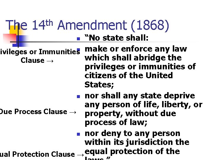 The th 14 Amendment (1868) “No state shall: rivileges or Immunitiesn make or enforce