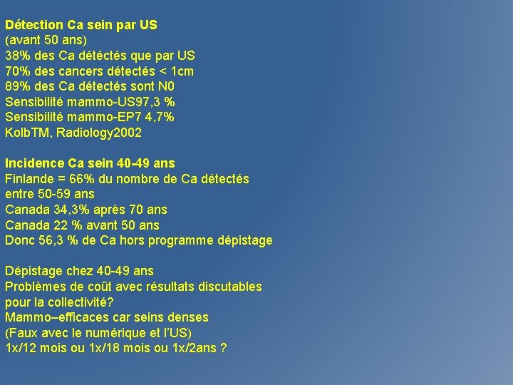 Détection Ca sein par US (avant 50 ans) 38% des Ca détéctés que par Détection Ca sein par US (avant 50 ans) 38% des Ca détéctés que par