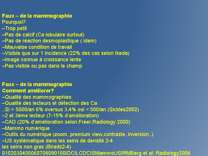 Faux – de la mammographie Pourquoi? –Trop petit –Pas de calcif (Ca lobulaire surtout)