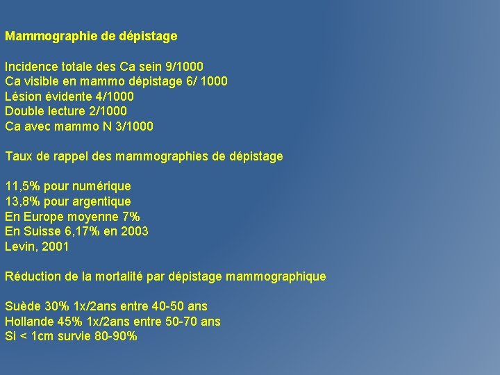 Mammographie de dépistage Incidence totale des Ca sein 9/1000 Ca visible en mammo dépistage Mammographie de dépistage Incidence totale des Ca sein 9/1000 Ca visible en mammo dépistage