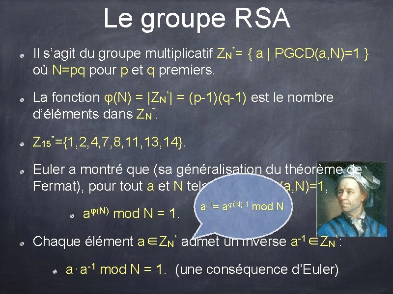 Le groupe RSA Il s’agit du groupe multiplicatif ZN*= { a | PGCD(a, N)=1 Le groupe RSA Il s’agit du groupe multiplicatif ZN*= { a | PGCD(a, N)=1