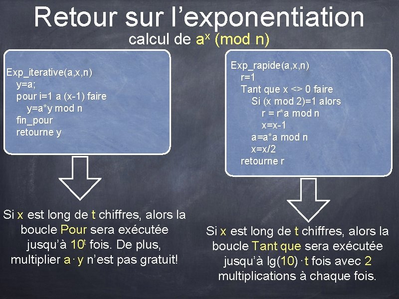 Retour sur l’exponentiation calcul de ax (mod n) Exp_iterative(a, x, n) y=a; pour i=1 Retour sur l’exponentiation calcul de ax (mod n) Exp_iterative(a, x, n) y=a; pour i=1