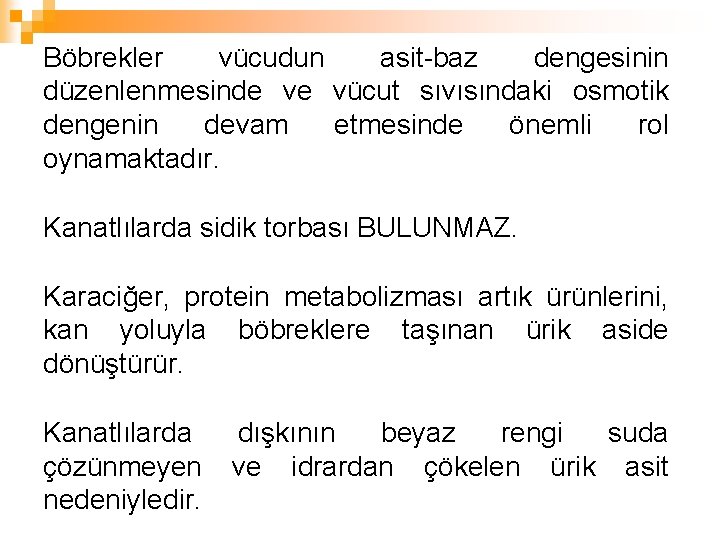 Böbrekler vücudun asit-baz dengesinin düzenlenmesinde ve vücut sıvısındaki osmotik dengenin devam etmesinde önemli rol