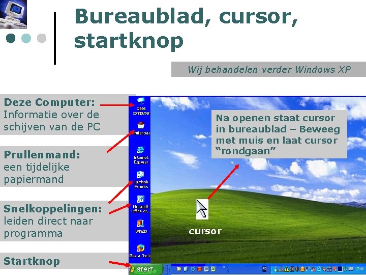 Bureaublad, cursor, startknop Wij behandelen verder Windows XP Deze Computer: Informatie over de schijven