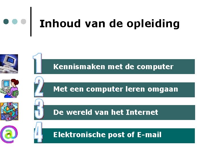 Inhoud van de opleiding 1 Kennismaken met de computer 1 Met een computer leren