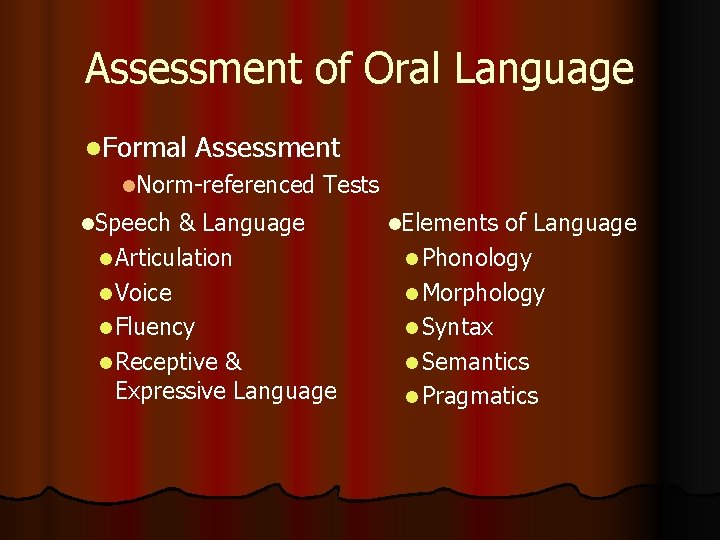 Assessment of Oral Language l. Formal Assessment l. Norm-referenced l. Speech Tests & Language