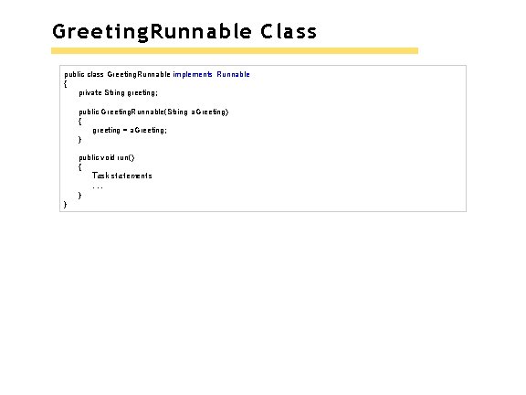 Greeting. Runnable Class public class Greeting. Runnable implements Runnable { private String greeting; public Greeting. Runnable Class public class Greeting. Runnable implements Runnable { private String greeting; public