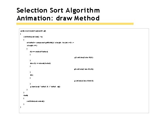 Selection Sort Algorithm Animation: draw Method public void draw(Graphics 2 D g 2) { Selection Sort Algorithm Animation: draw Method public void draw(Graphics 2 D g 2) {