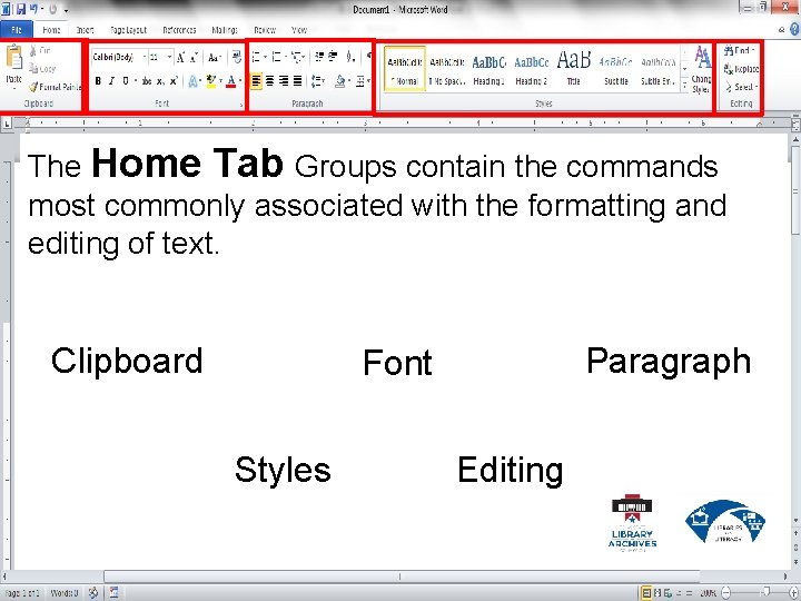 The Home Tab Groups contain the commands most commonly associated with the formatting and