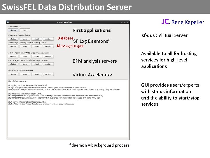 Swiss. FEL Data Distribution Server JC, Rene Kapeller First applications: Database SF Log Daemons*