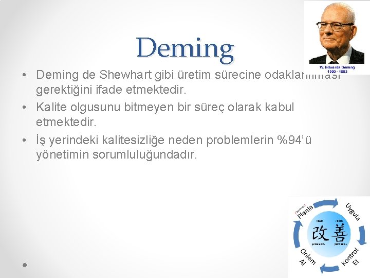 Deming • Deming de Shewhart gibi üretim sürecine odaklanılması gerektiğini ifade etmektedir. • Kalite Deming • Deming de Shewhart gibi üretim sürecine odaklanılması gerektiğini ifade etmektedir. • Kalite