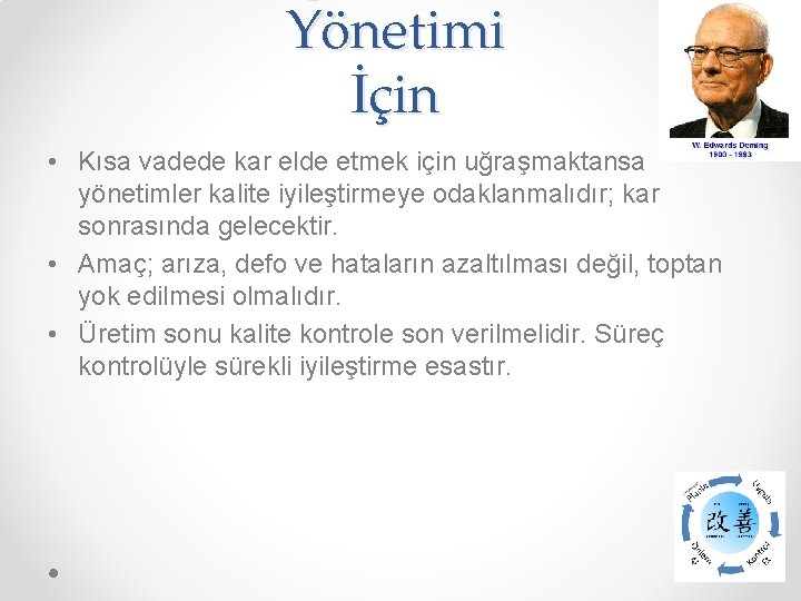 Yönetimi İçin • Kısa vadede kar elde etmek için uğraşmaktansa yönetimler kalite iyileştirmeye odaklanmalıdır;