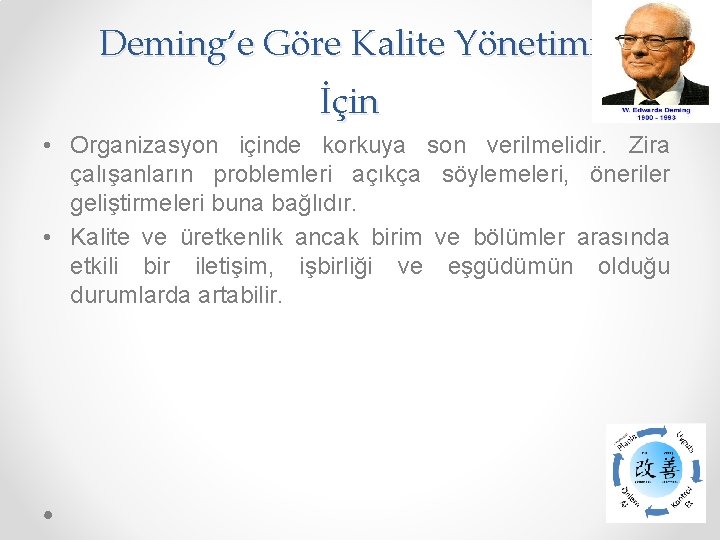 Deming’e Göre Kalite Yönetimi İçin • Organizasyon içinde korkuya son verilmelidir. Zira çalışanların problemleri Deming’e Göre Kalite Yönetimi İçin • Organizasyon içinde korkuya son verilmelidir. Zira çalışanların problemleri