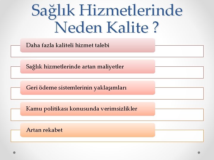 Sağlık Hizmetlerinde Neden Kalite ? Daha fazla kaliteli hizmet talebi Sağlık hizmetlerinde artan maliyetler Sağlık Hizmetlerinde Neden Kalite ? Daha fazla kaliteli hizmet talebi Sağlık hizmetlerinde artan maliyetler