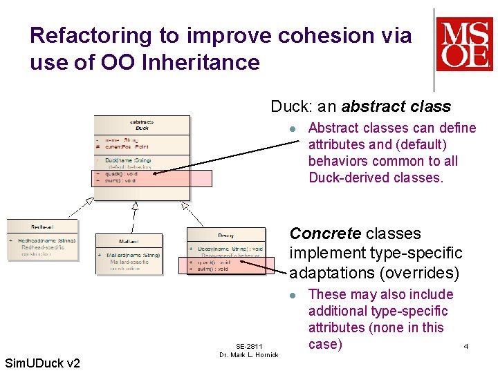 Refactoring to improve cohesion via use of OO Inheritance Duck: an abstract class l